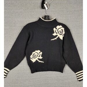 Jeane‎ Pierre Womens Sweater Small Black Floral Rose Lambswool VTG Rene Tener
